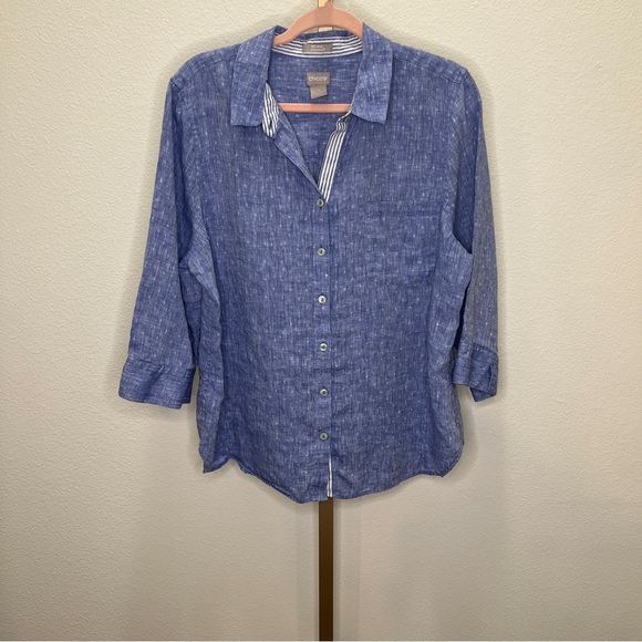 Chico’s Linen Chambray button down Blouse 3/4 Sleeve Blue XL (3) - Picture 1 of 7